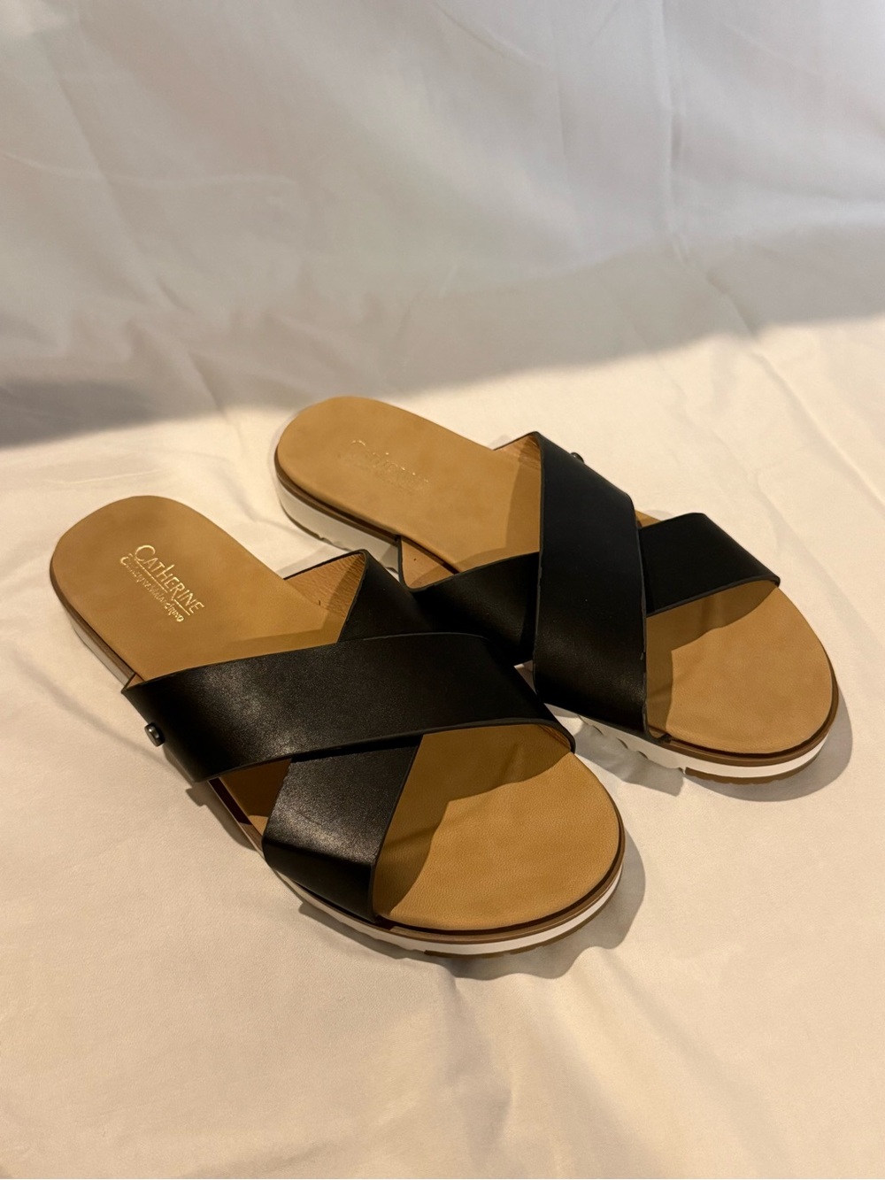 Catherine Malandrino Black and Tan Crisscross Slide Sandals